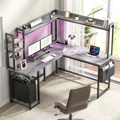 Aheaplus L Shaped Gaming Desk with Led Light & Hutch, Reversible Home Office Desk