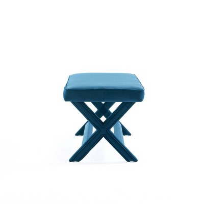 Abigail Blue Velvet Upholstered Double Ottoman with Solid Wood Frame