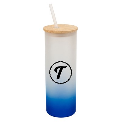 Elanze Designs T Monogram Letter Initial Rope Circle Wrap-Around Design 25 Ounce Frosted Gradient Glass On-The-Go Coffee Travel Skinny Tumbler Mug