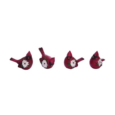 Transpac Small Resin Poinsettia Cardinal Figurine Set of 4 Decorative Animal Figurines for Christmas Red Tabletop Decor Indoor Use Gift Giving and
