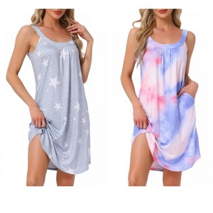 INSPIRE CHIC Women's 2 Pcs Sleeveless Printed Scoop Neck Tank Broad-Strap Nightgown with Pockets - 1 of 4