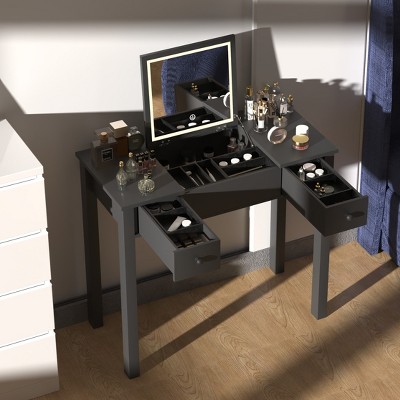 Makeup Vanity Desk With Lighted Flip Mirror, Vanity Desk With LED Light, 2 Drawers And Adjustable Jewelry Storage Compartments For Home Bedroom