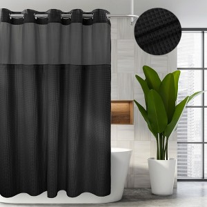No Hook Needed Cotton Blend Waffle Weave Shower Curtain with Snap-In Liner, Top Sheer Window - 1 of 4