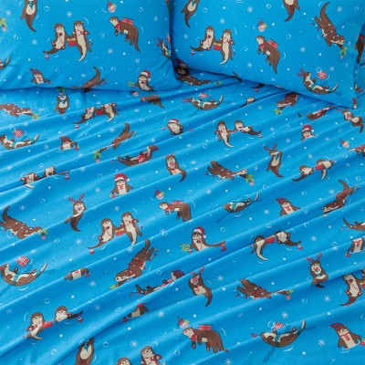 Full Size Otters in Snow Blue Cotton Flannel Sheet Set