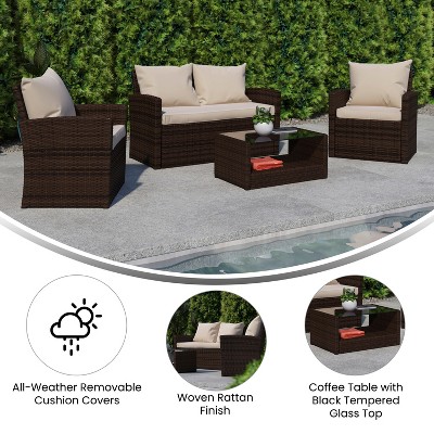 Brown and Beige 4-Piece Rattan Patio Set with Cushions