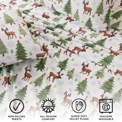 Queen Deer Trees and Snow Velvet Plush Fleece Sheet Set