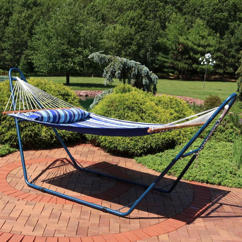 Sunnydaze Outdoor 2-Person Double Polyester Quilted Hammock with Wood Spreader Bar and Matte Blue Steel Multi-Use Stand - Catalina Beach, 2 of 9