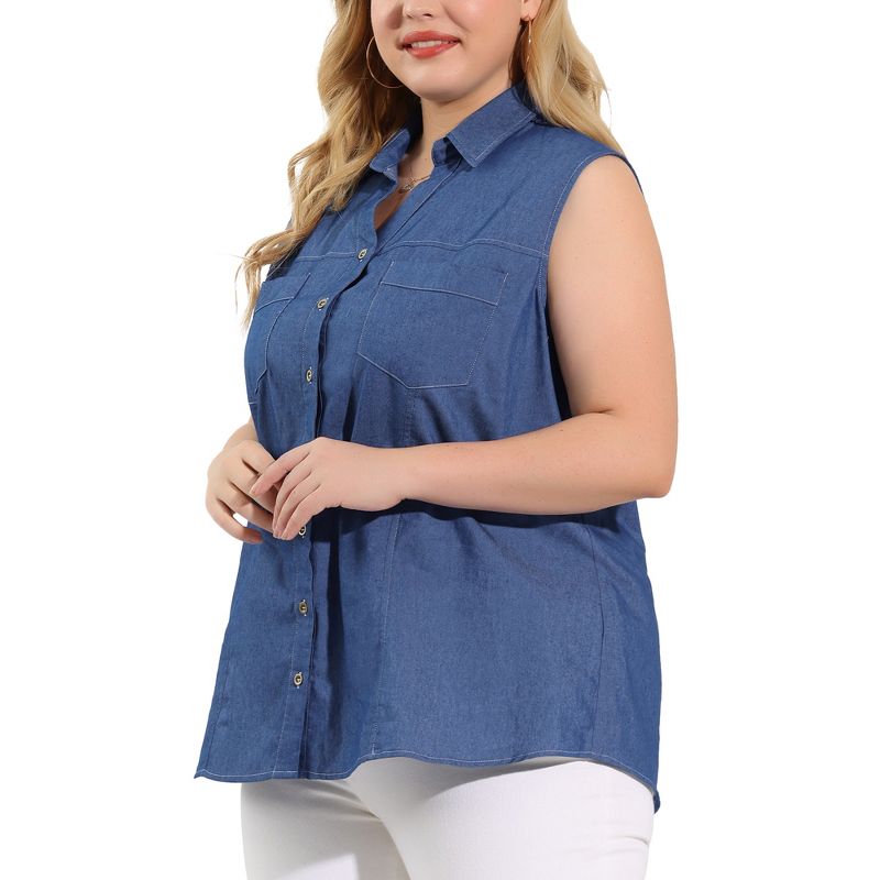 Agnes Orinda Women's Plus Size Pocket Sleeveless Button Down Work Summer Chambray Blouses, 2 of 7