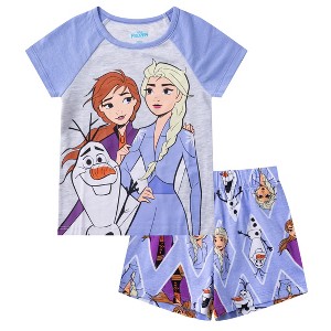 Disney Frozen Elsa, Anna and Olaf Girls’ T-Shirt and Short Set for Toddler and Little Kids – Purple/Gray - 1 of 4
