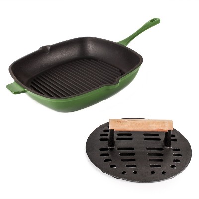 BergHOFF Neo 2pc Cast Iron Grill Set, Grill Pan & Bacon/Steak Press, Oyster