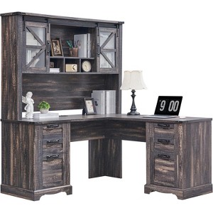 SinCiDo 60" Farmhouse L Shaped Office Desk w/ Drawer, Wood Home Office Executive Desk w/ Hutch & Charging Ports, Storage Cabinet - 1 of 4