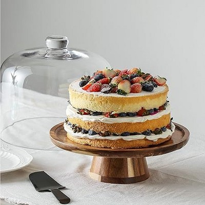 Acacia Wood Cake Stand with Clear Glass Dome Lid