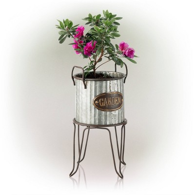 Alpine 20" Outdoor Metal Tin Flower Planter with Stand Silver