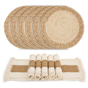 Aoibox Handmade Boho Placemats Set of 6 - Natural Cotton Burlap and Water Straw Woven Table Mats for Dining Kitchen Farmhouse Style - 1 of 4