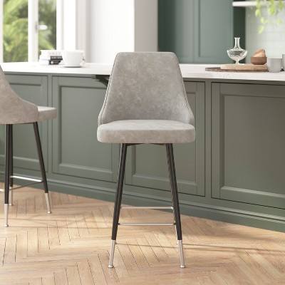 Gray Leather and Chrome Counter Height Stools - Set of 2