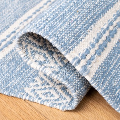 Ivory and Blue Striped Wool Cotton 6' x 9' Area Rug