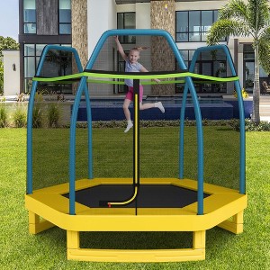 Costway 7 FT Kids Trampoline with Safety Enclosure Net Spring Pad Indoor Outdoor Heavy Duty Yellow/Blue/Green - 1 of 4