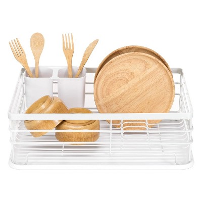 LunaLulinlk Dish Drainer Rack - Plate, Cutlery, Pots and Pans Drying Rack for Kitchen - Modern Retro Design Drip Tray with Metal Rack - White