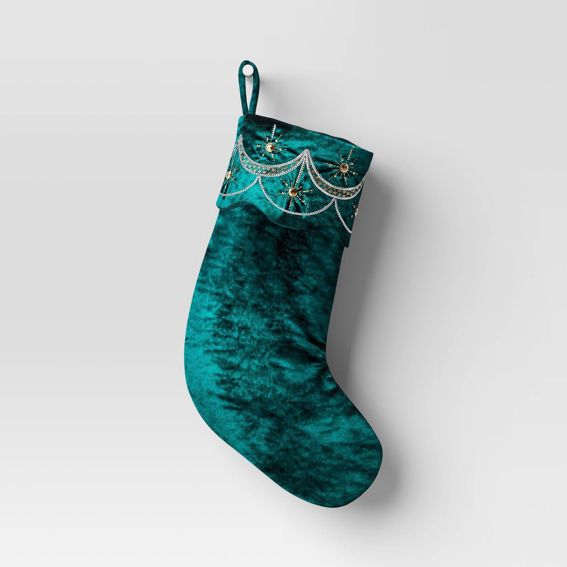 21" Christmas Art Deco Embellished Soft Velvet Stocking Green - Wondershop™