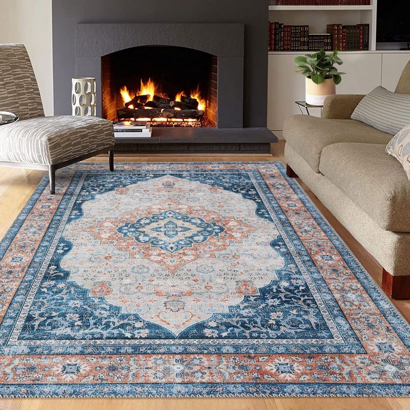 Vintage Distressed Area Rug for Living Room Traditional Medallion Stain Resistant Accent Rug, 5' x 7' Blue, 3 of 9