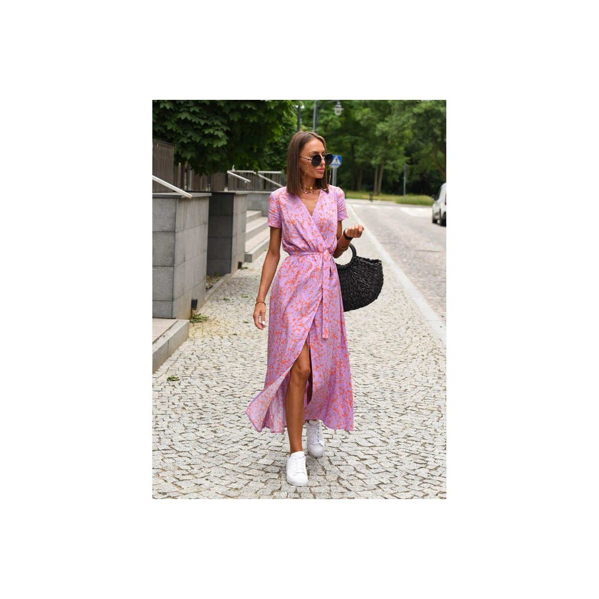 Женские платья Garvee Floral Wrap Beach Dress for Women Summer Maxi Dress with Tie Waist V Neck Slit Flowy Dress Polka Dress High Waist Beach Cover Up,Polka Dot,Pink-2 - L — фото 5