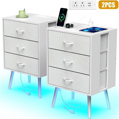 Dolonm Nightstand Set of 2,Nightstand with Charging Station for Bedroom,Night Stand with LED Light & Fabric Drawers, Dresser Bedside Table