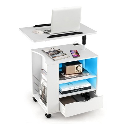 Tangkula Nightstand Bedside Table Swivel Laptop Tray with Charging Station and LED Lights