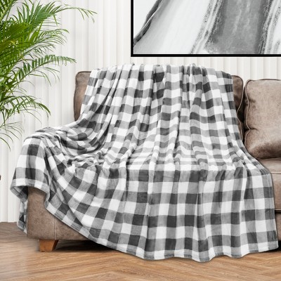 Plaid Grey and White Fleece Throw Blanket for Couch