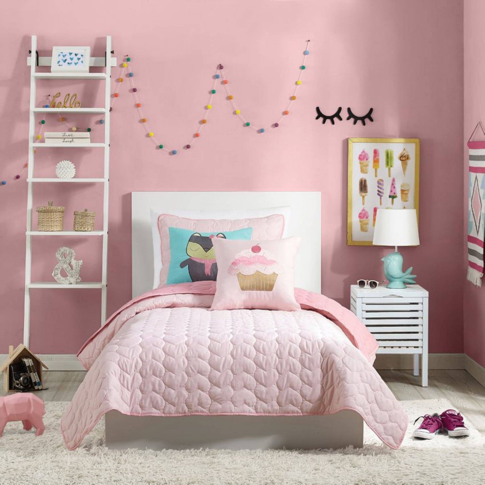 3Pc Full/Queen Helaine Kids' Quilt Set Pink - Urban Playground: Girls Bedding, Hearts Pattern, Polyester, Machine Washable