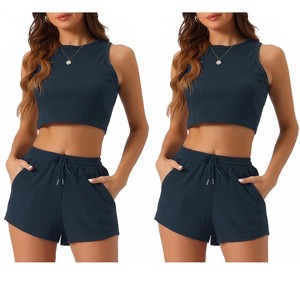 cheibear Women's 2 Pack Waffle Sleeveless Tank Top and Shorts Pajamas 2 Piece Sets - 1 of 4