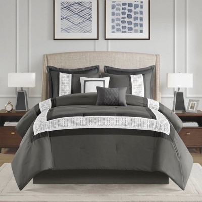8Pcs Comforter Set Transitional Hotel Style Embroidered Bedding, Hypoallergenic Polyester Fill