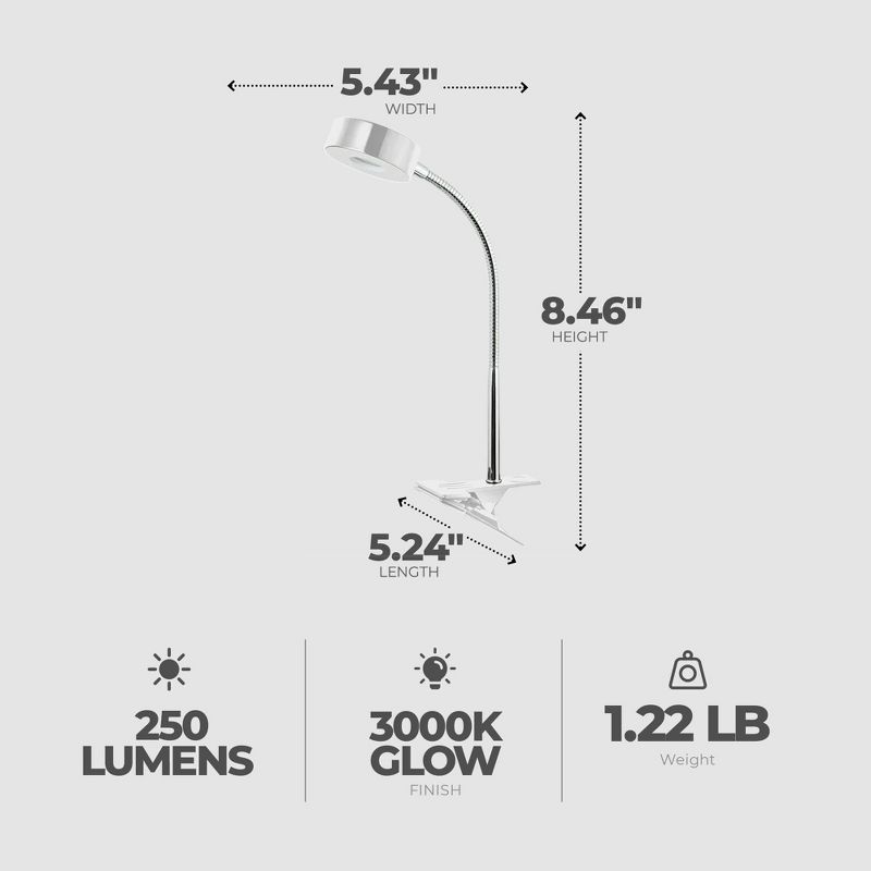 Globe Electric 8.46 Inch 5 Watt Glossy Chrome Goose Neck Clip Lamp with Integrated LED Bulb, 35,000 Hours Lifespan, and 250 Lumens, White, 2 of 7
