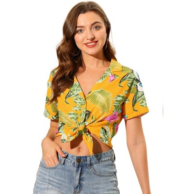 Allegra K Women's Hawaiian Floral Leaves Printed Short Sleeve Button Down  Vintage Beach Shirt Black Green Small