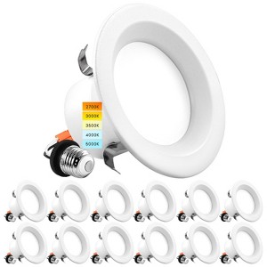 Luxrite 4 Inch LED Recessed Can Lights, 14W=75W, 5CCT 2700K-5000K, 950 Lumens, Dimmable, Wet Rated, IC Rated, Energy Star, ETL 12 Pack - 1 of 4