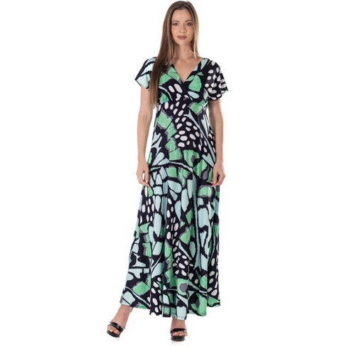 24seven Comfort Apparel Womens Oversized Butterfly Print V Neck Empire  Waist Cap Sleeve Maxi Dress-Multicolored-S