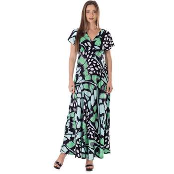 24seven Comfort Apparel Womens Oversized Butterfly Print V Neck Empire Waist Cap Sleeve Maxi Dress