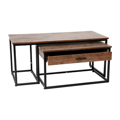 Emma and Oliver Two Piece Modern Industrial Style Nesting Coffee Table Set  with Storage Drawer in Walnut Finish with Black Steel Tube Frame