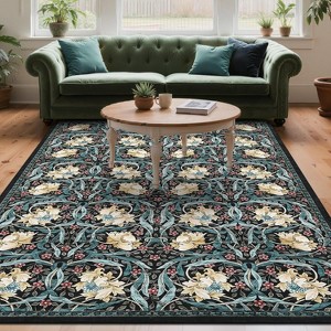 Acekool Floral Washable Rugs - Vintage Botanical Print Area Rug - 1 of 4
