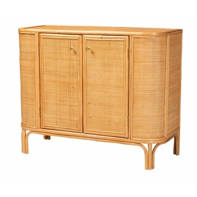 Natural Brown Rattan 2-Door Storage Cabinet with Gold Knobs