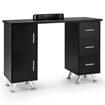 Costway Wooden Nail Desk Station with Removable Wrist Rest Metal Legs & 3 Drawers, 2 Cabinets White/Pink/Black