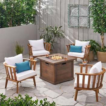 Walson 5pc Acacia Wood Club Chairs and Fire Pit Set Teak and Brown - Christopher Knight Home