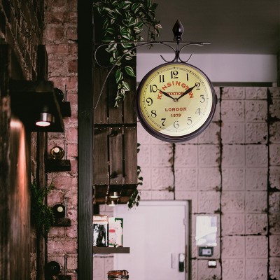 Large Black Double-Sided Metal Wall Clock with Ivory Face
