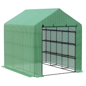 Outsunny Walk-in Greenhouse, 2-Tier Shelf Hot House, Roll Up Zipper Door, UV protective for Flowers, Herbs, Vegetables - 1 of 4
