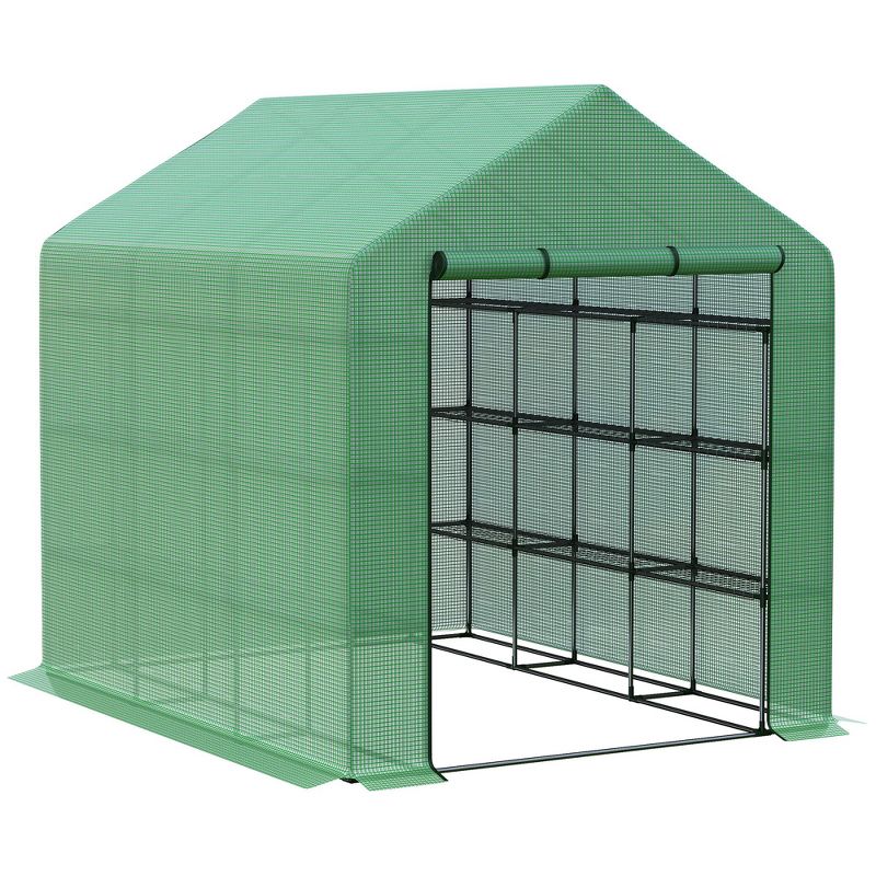 Outsunny Walk-in Greenhouse for Outdoors with Roll-up Zipper Door, 18 Shelves, PE Cover, Heavy Duty Humidity Seal, 95.25" x 70.75" x 82.75", Green, 1 of 8