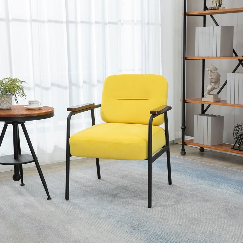 HOMCOM Modern Accent Chair with Cushioned Seat and Back, Upholstered Velvet Armchair for Bedroom, Living Room Chair with Arms and Steel Legs, Yellow, 2 of 7