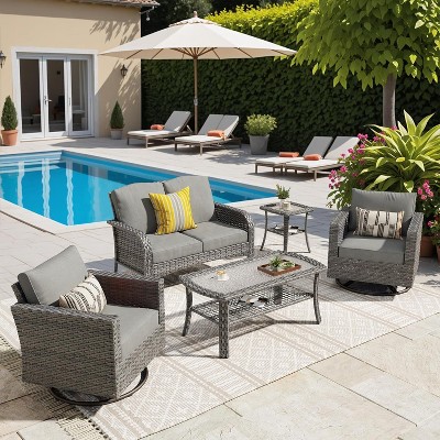 XIZZI Outdoor Wicker Sofa Set with Optional Swivel Chairs, 3.5" Cushions 5 Colors (Gray, Black, Navy, etc.), All-Weather Rattan, Modular 2-7 Pieces