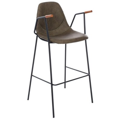 Tanner Transitional Olive Leather Bar Stool with Metal Frame