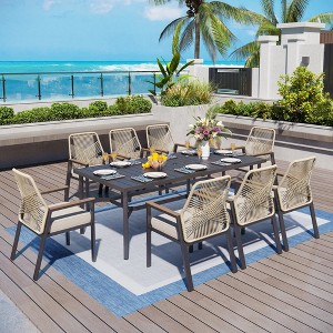 Captiva Designs 9pc Spacious Slat-top Rectangle Metal Table with Umbrella Hole & Beige Rattan Cushioned Chairs - 1 of 4