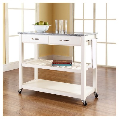 White Granite Top Kitchen Cart with Wine Rack and Storage