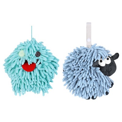 REGALWOVEN 2 Packs Cute Sheep Shape Absorbent Fast Drying Chenille Hand Towels with Hanging Loop 7" x 7"